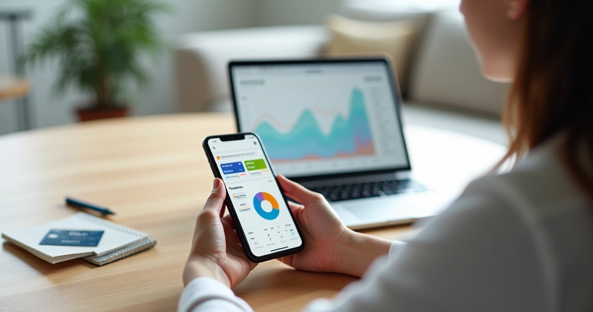 Pessoa organizando contas e cartões no celular com gráficos financeiros na tela 