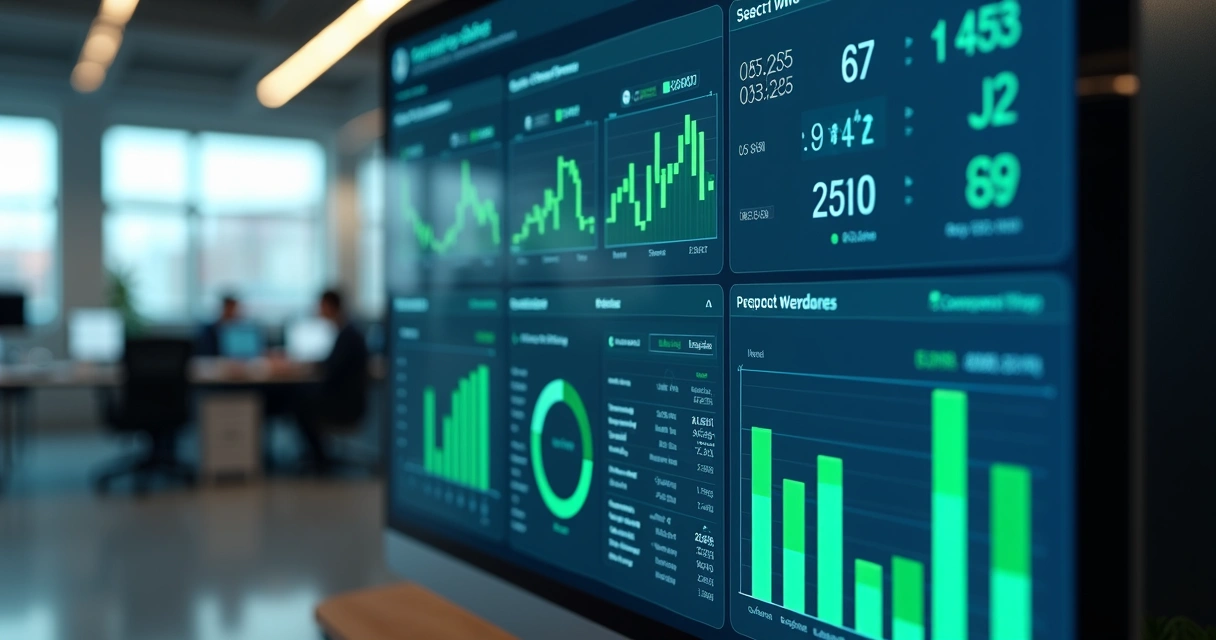 Painel digital com gráficos financeiros e balanço patrimonial em destaque 