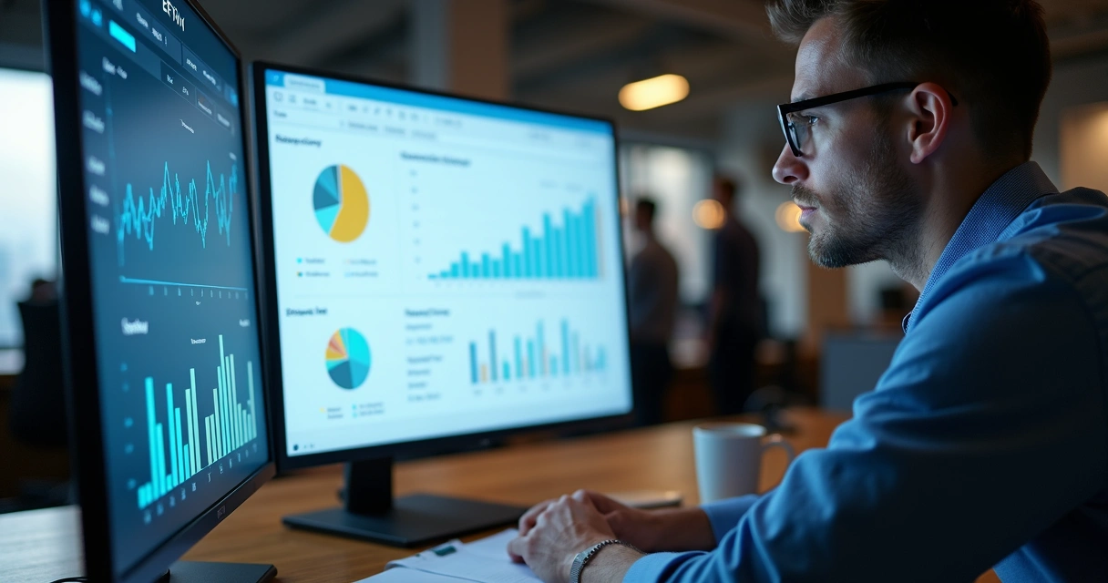Funcionário usando sistema ERP para analisar dados consolidados