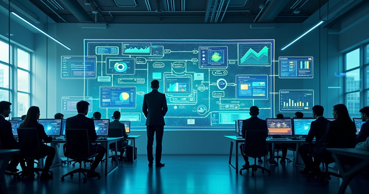 Fluxo visual de dados de múltiplos sistemas sendo consolidados em um só painel de controle