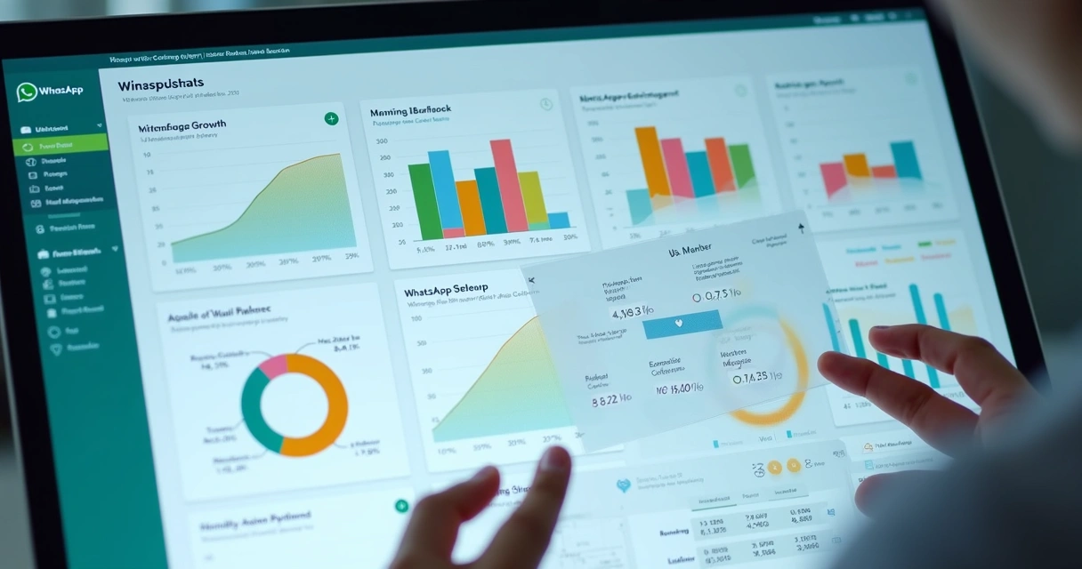 Tela de dashboard de analytics com dados de várias lojas do WhatsApp organizados por KPIs distintos 