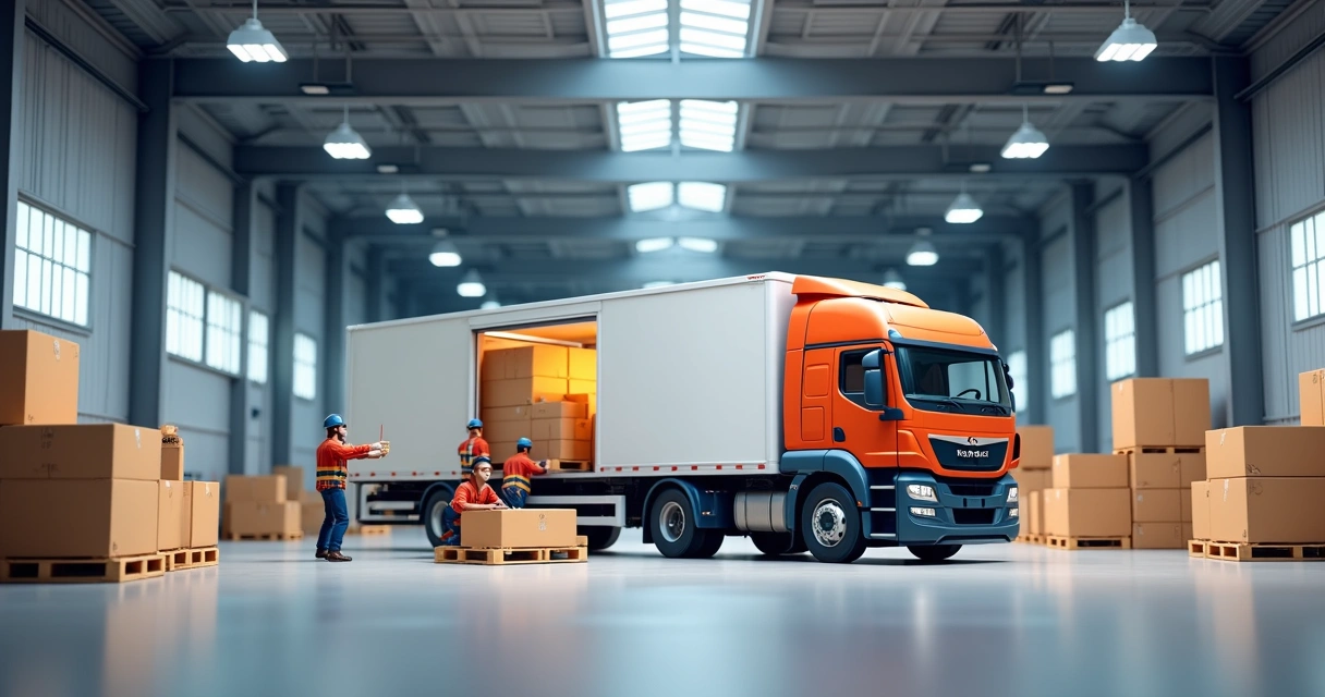 Caminhão sendo carregado em armazém, diversas caixas organizadas e pessoas movimentando volumes