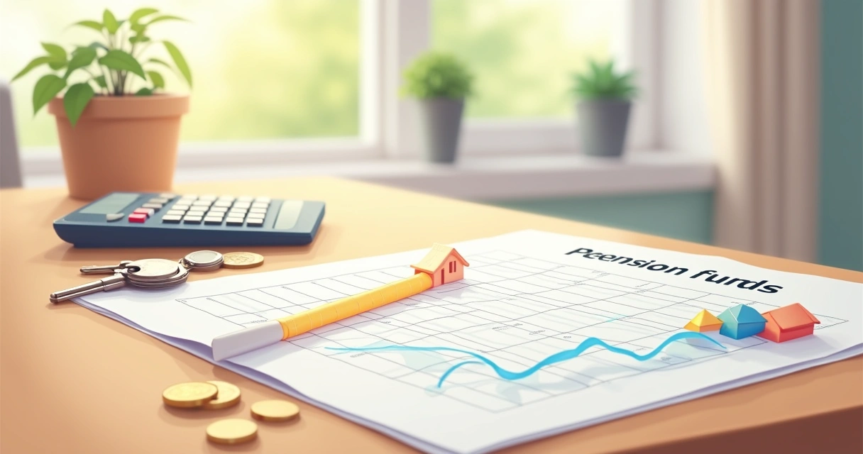 Documento de previdência ao lado de chave de casa e gráfico de crescimento. 