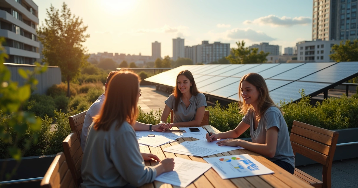 Painel solar instalado em telhado com pessoas reunidas analisando contrato de consórcio para energia solar 