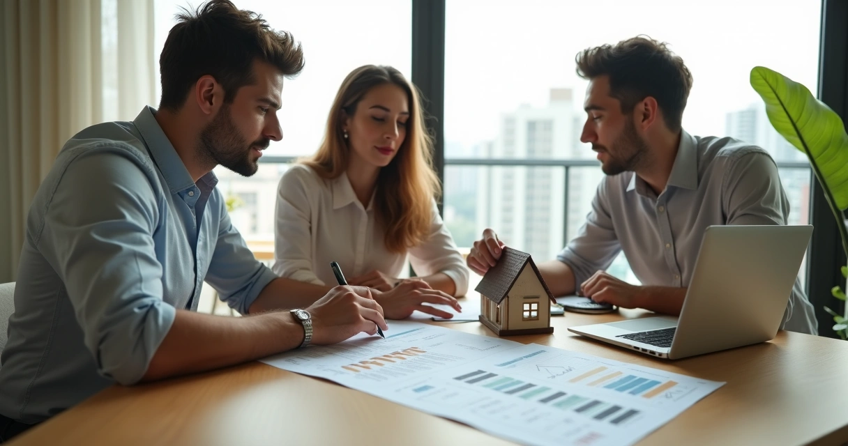 Casal analisa planejamento de consórcio imobiliário com carta de crédito e miniatura de casa sobre a mesa 