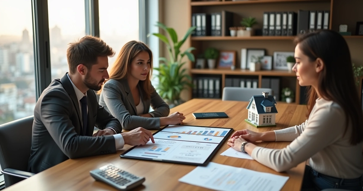 Casal analisando consórcio imobiliário com corretor em mesa de escritório 