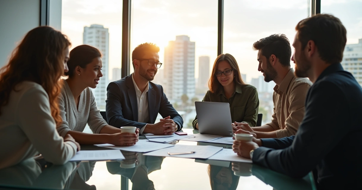 Grupo de pessoas discutindo consórcio imobiliário em sala moderna 