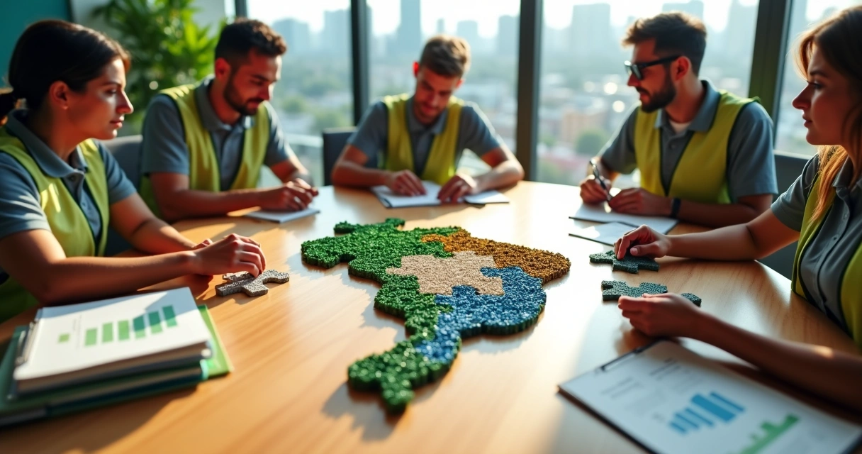Representantes de pequenos projetos de reciclagem unindo peças de quebra-cabeça em formato de Brasil 