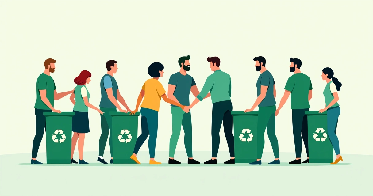 Representação de diversas pequenas empresas e cooperativas unidas em círculo, simbolizando união e colaboração na reciclagem 