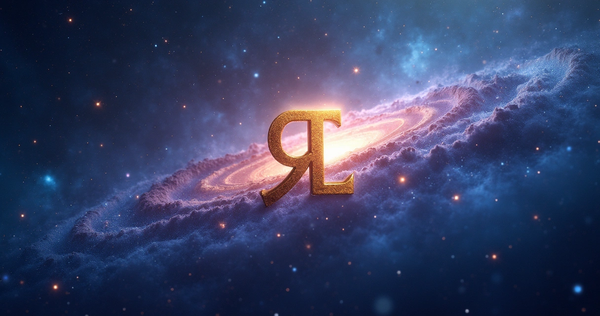 Representação detalhada do espaço com uma nebulosa brilhante em tons de azul e roxo e um símbolo Lambda dourado flutuando no centro do céu estrelado 