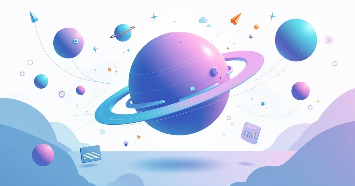 Constelação de elementos digitais representando diferentes tipos de page builders em 2024 