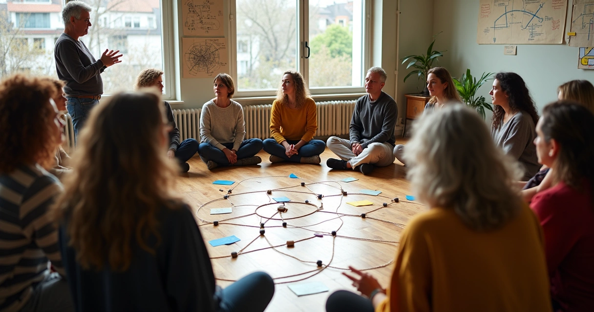 Grupo em círculo participando de constelação coletiva em projeto social 