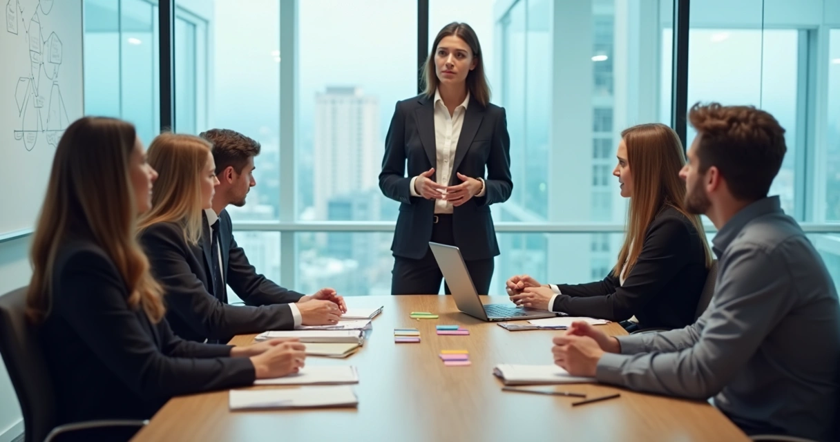 Líder mediando conflito entre dois profissionais em sala de reunião moderna 