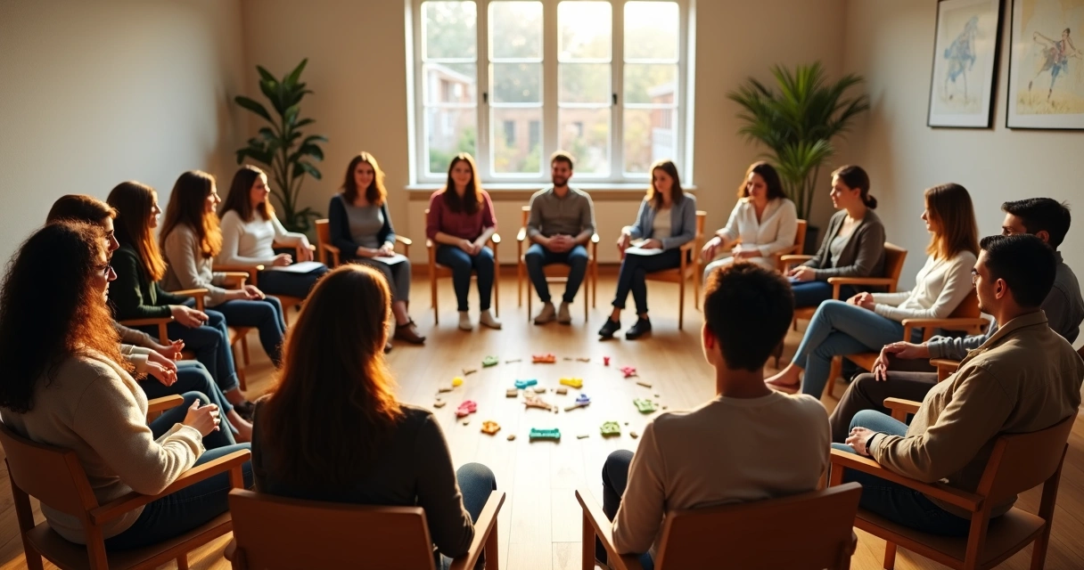 Grupo de pessoas em círculo olhando para o centro durante atividade de constelação 