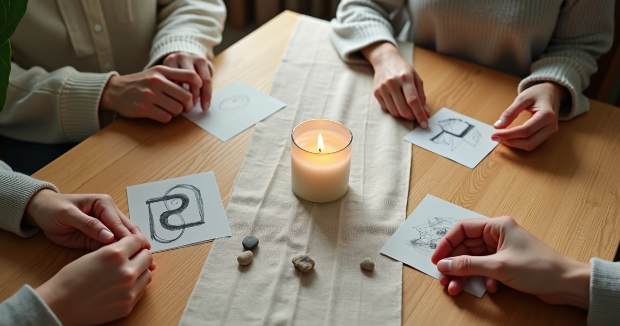 Mesa vista de cima com símbolos e fotos representando dinâmica de relacionamento 