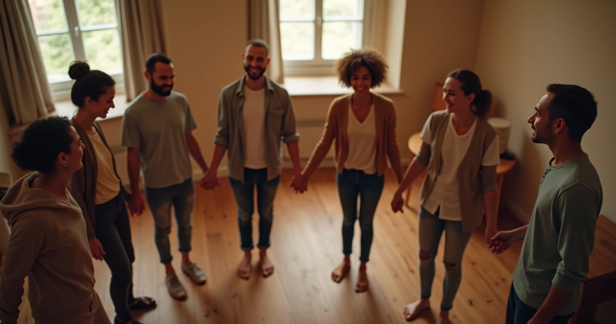 Grupo de pessoas de mãos dadas em círculo em sala acolhedora 