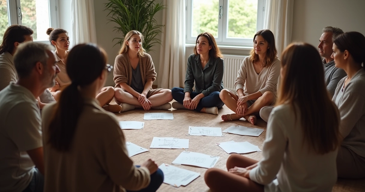 Grupo de pessoas em constelação familiar, sentados em círculo, ambiente tranquilo 