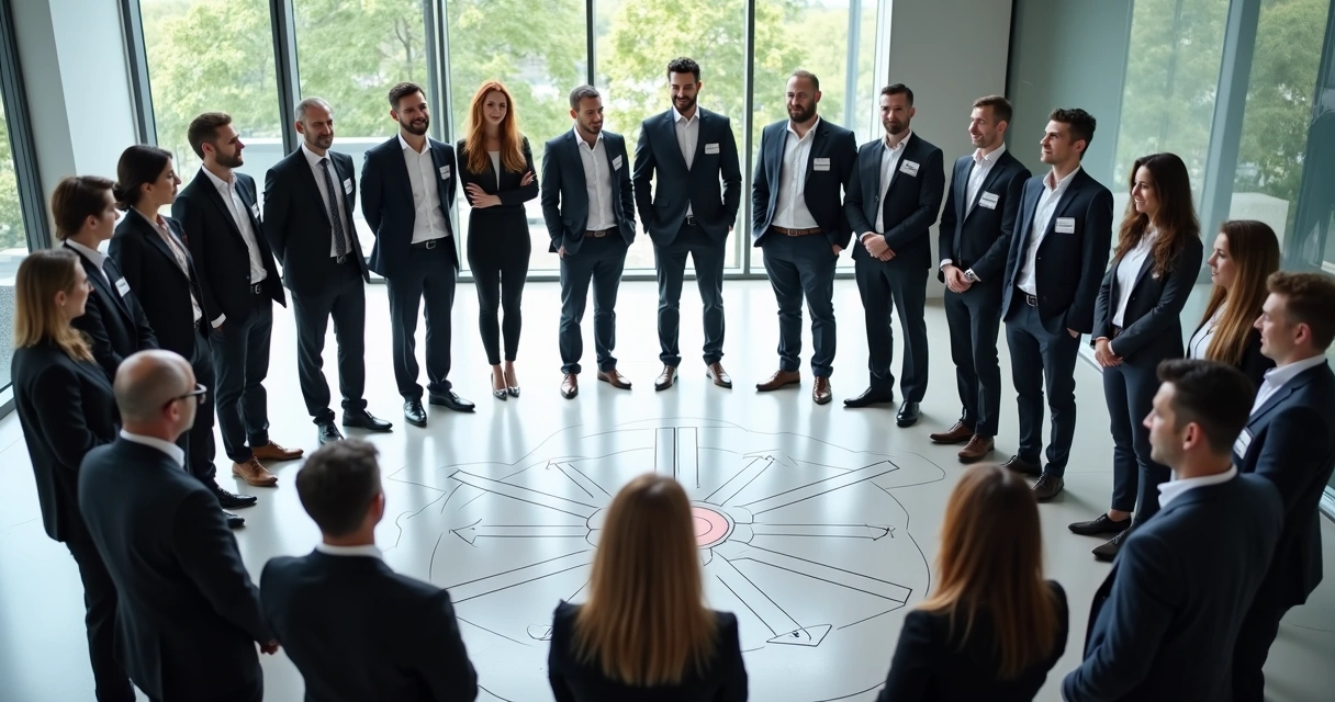 Profissionais reunidos em círculo participando de dinâmica de constelação sistêmica organizacional 