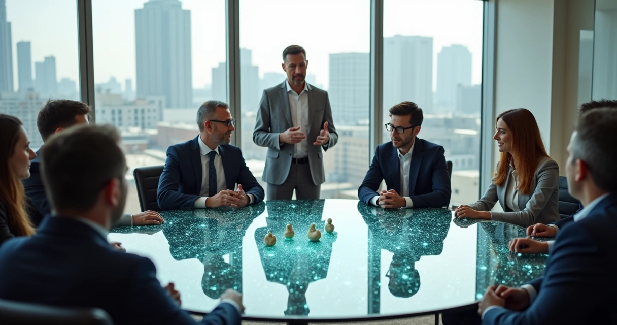Equipes reunidas em círculo com figuras simbólicas de conexões organizacionais 