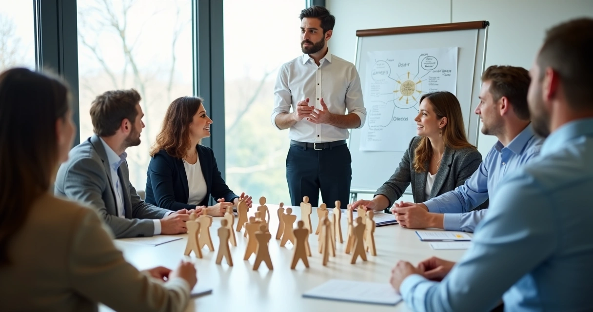 Facilitador guiando dinâmica prática de constelação empresarial 