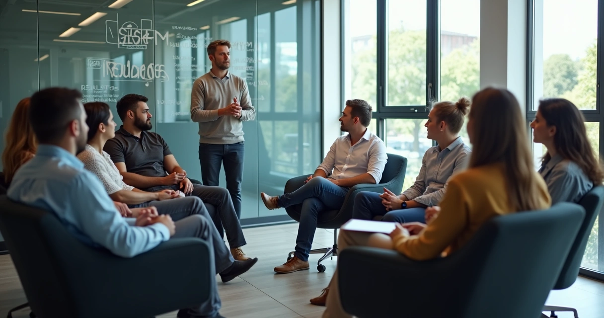 Grupo de pessoas em círculo discutindo dinâmica organizacional