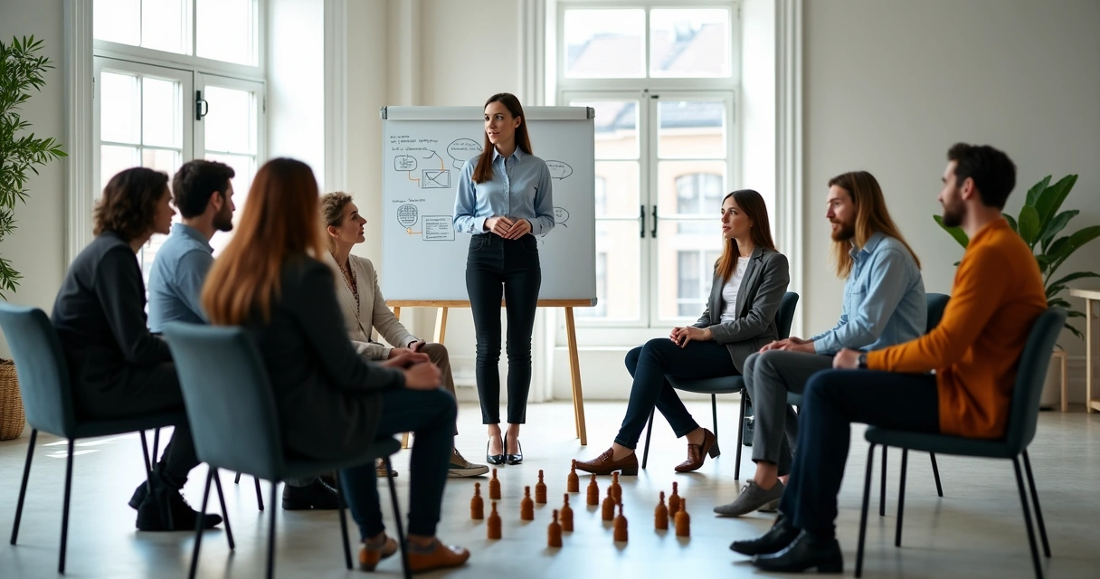 Grupo de colegas em círculo representando dinâmicas de equipe 