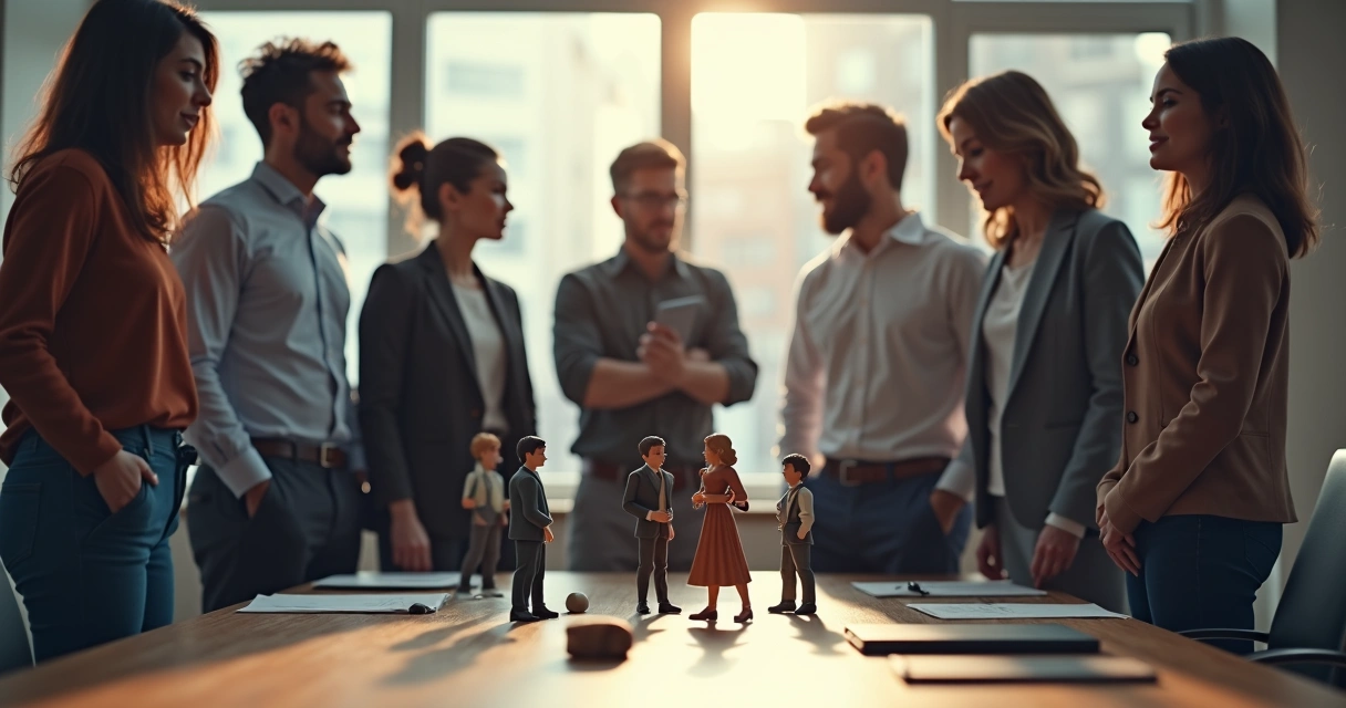 Equipe de trabalho reunida em círculo com figuras no centro simbolizando dinâmicas invisíveis 