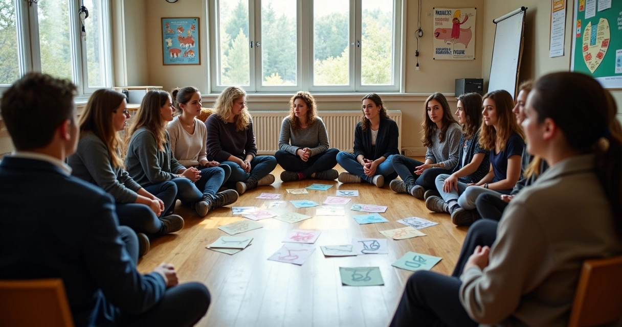 Círculo de alunos e professores em sala de aula interagindo em constelação sistêmica. 