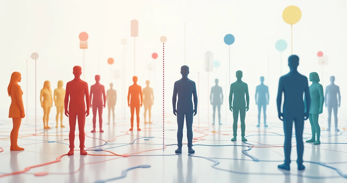 Representação abstrata de figuras conectadas por linhas coloridas em fundo claro, sugerindo estruturas de relacionamento sistêmico. 