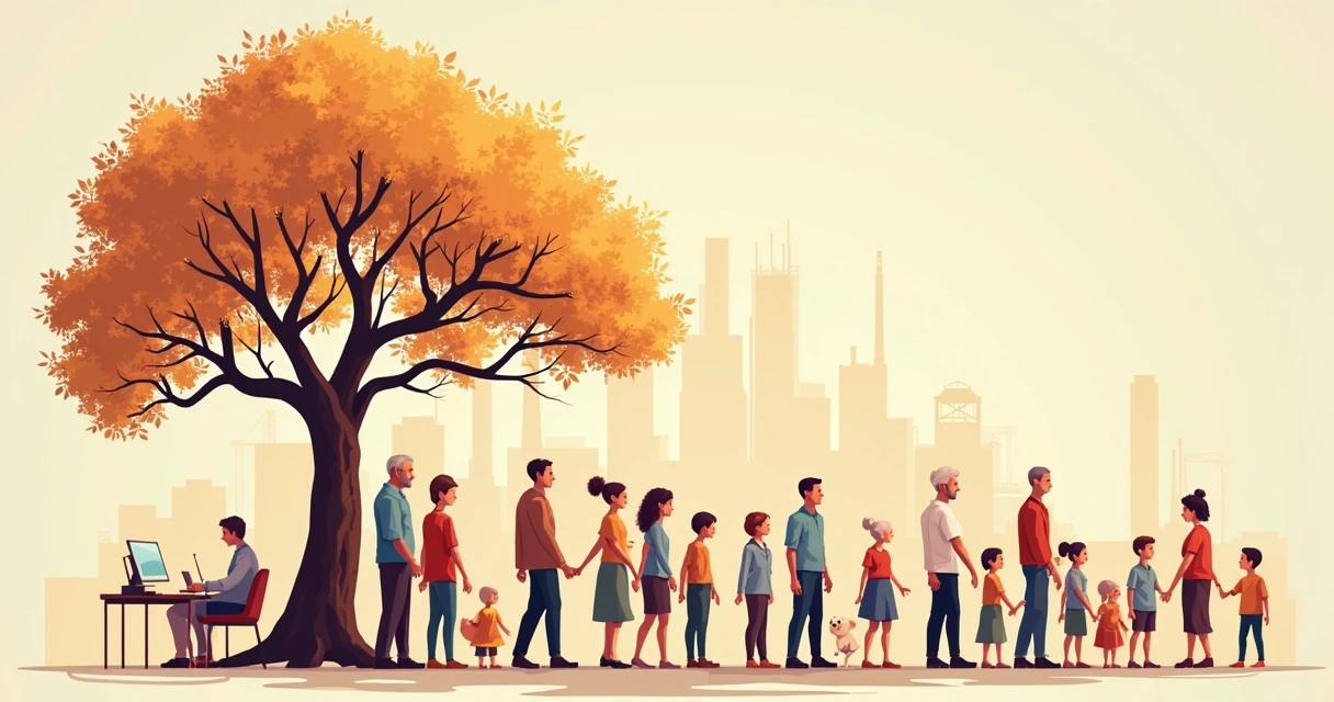 Ilustração de várias gerações de uma família ligadas a cenas de trabalho, mostrando conexão entre passado e vida profissional 