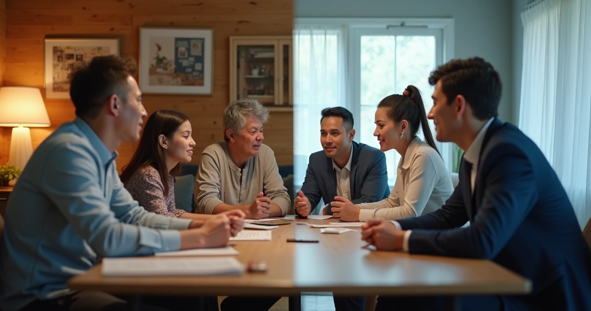Duas cenas lado a lado, família reunida e reunião em empresa