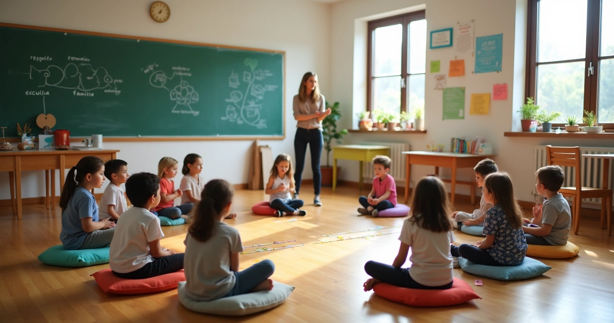 Professor conduz roda de alunos em atividade de constelação familiar na escola 