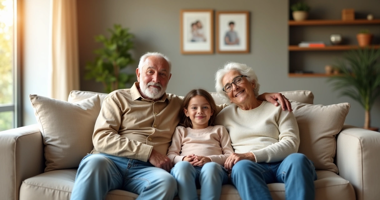 Três gerações de uma família reunidas no sofá em um momento de conexão tranquila 