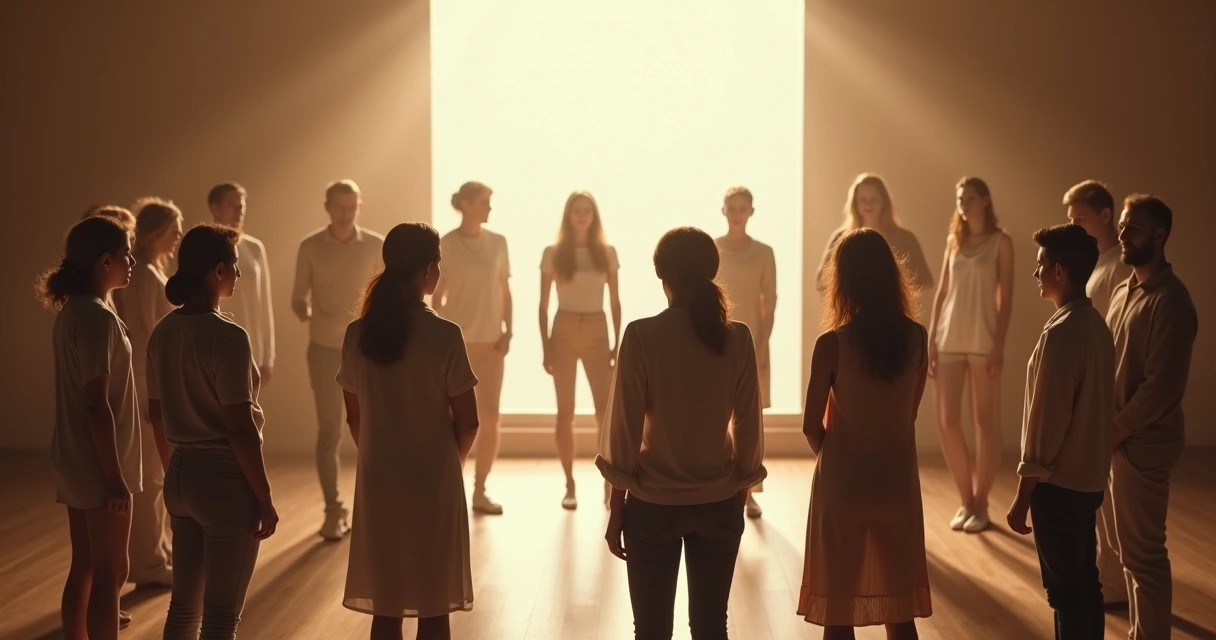 Grupo de pessoas em círculo participando de uma dinâmica de constelação familiar, com olhar focado uns nos outros. 