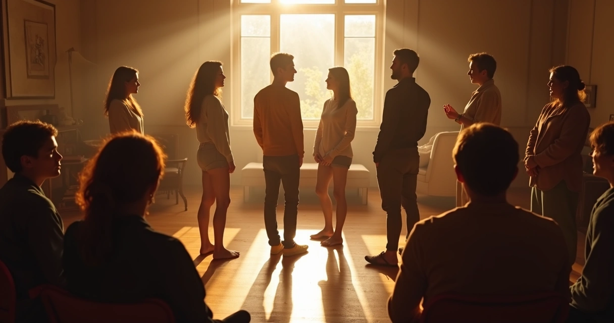 Sessão de constelação familiar com pessoas em círculo representando uma família 