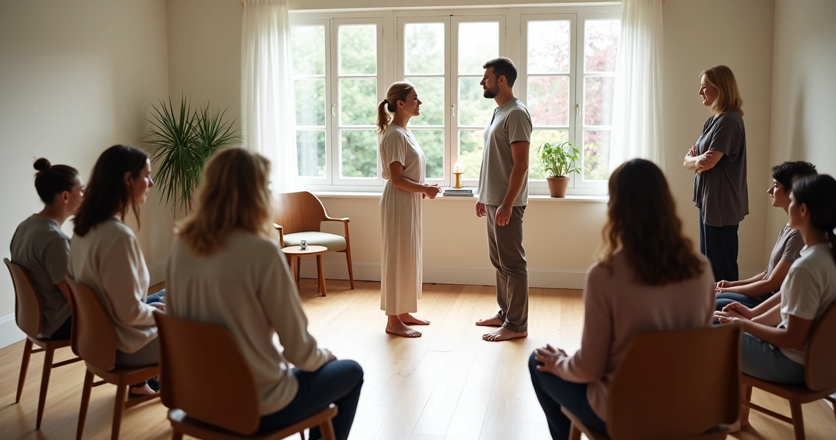 Grupo em círculo participando de constelação em sala ampla e iluminada 
