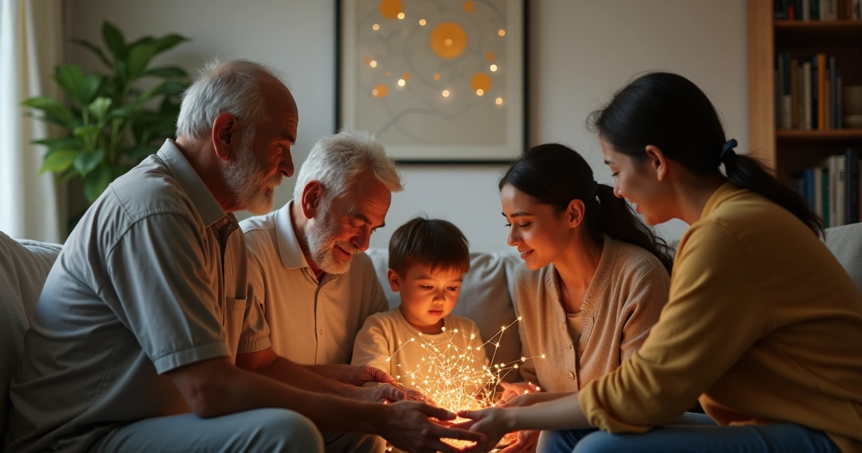 Família de três gerações conectada por fios de luz em forma de constelação 