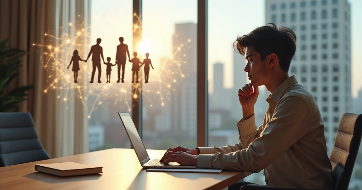 Profissional em escritório conectado a silhuetas de família em círculo de luz 