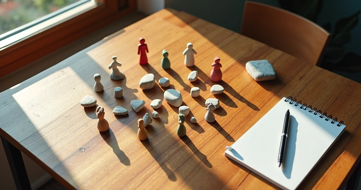 Mesa com objetos pequenos representando membros de uma família, usados para constelação.