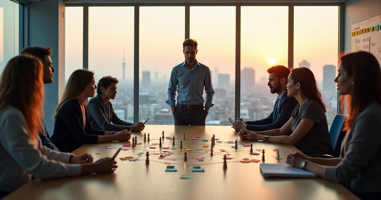 Empreendedor em sala de reunião observando dinâmica de constelação familiar com post-its e silhuetas de pessoas 