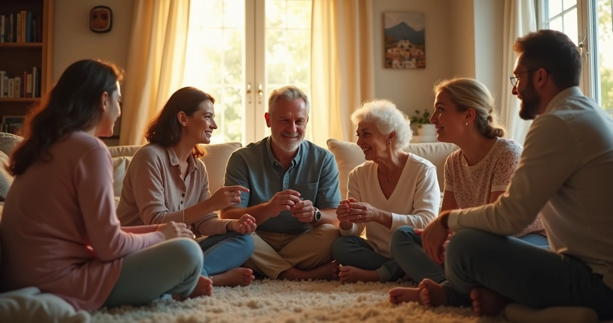 Reunião familiar em sala iluminada, pessoas sentadas em círculo, trocando olhares de compreensão