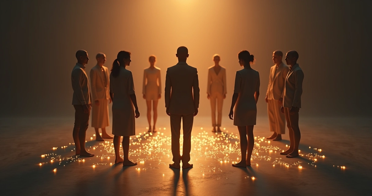 Representação conceitual de pessoas conectadas por fios luminosos formando um círculo 