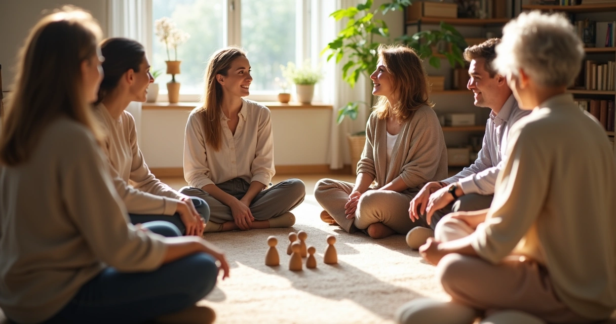 Família sentada em círculo com facilitadora conduzindo constelação sistêmica 