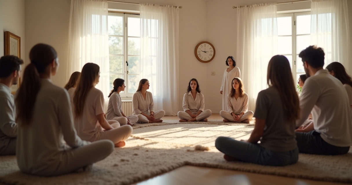 Grupo de pessoas reunidas em círculo em uma sala clara, participando de uma dinâmica de constelação familiar 