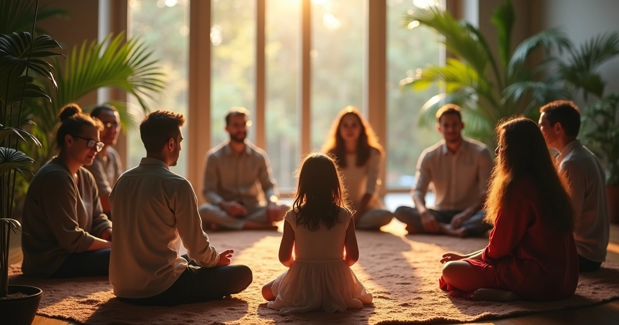 Sessão de constelação familiar em grupo com pessoas representando laços e conexões familiares em ambiente acolhedor 