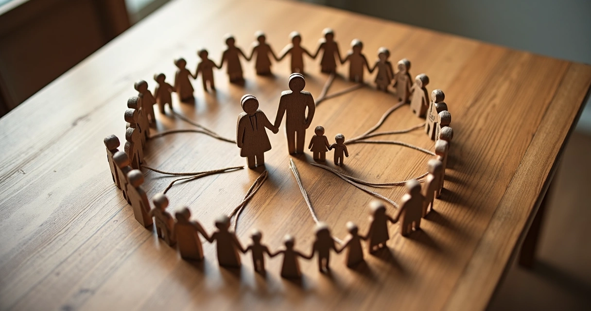 Símbolos representando hierarquia e vínculos familiares dispostos em círculo