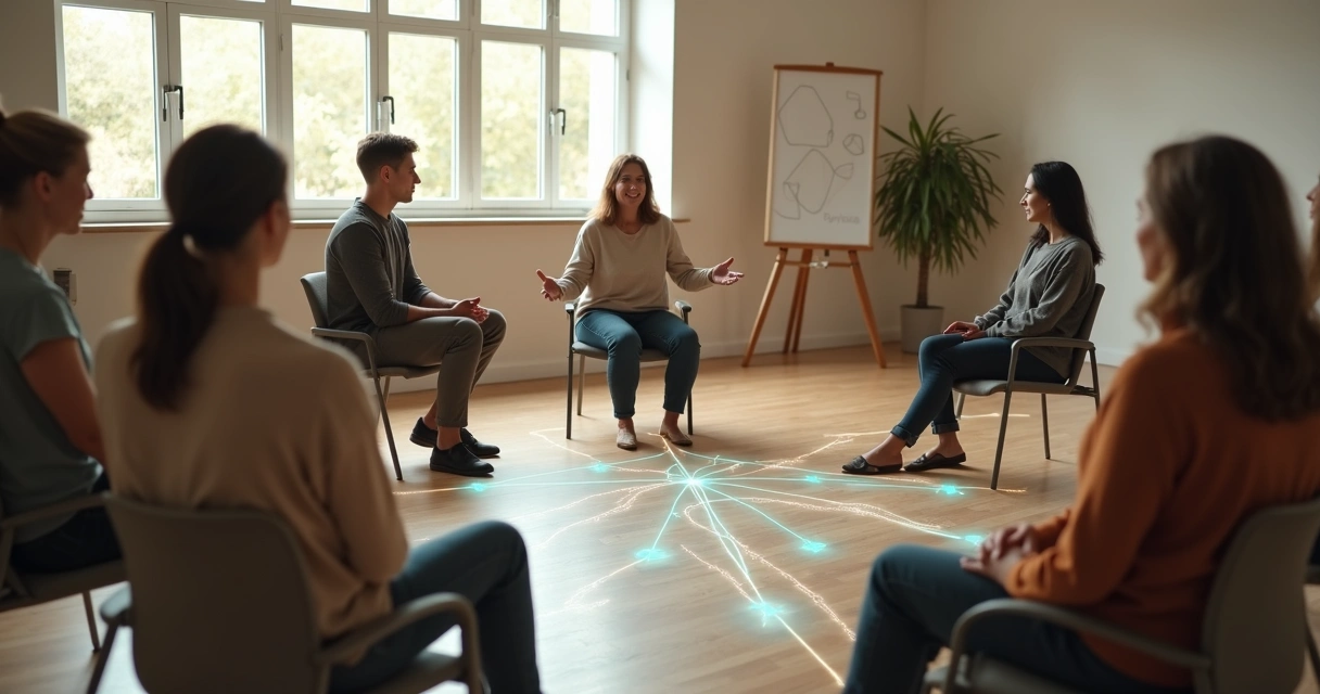 Terapeuta conduz círculo de pessoas conectadas por linhas iluminadas 