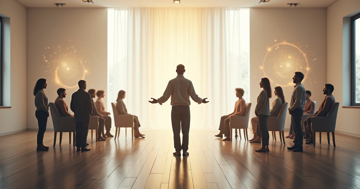 Profissional facilitando constelação com duas metades de grupo representando abordagens diferentes 