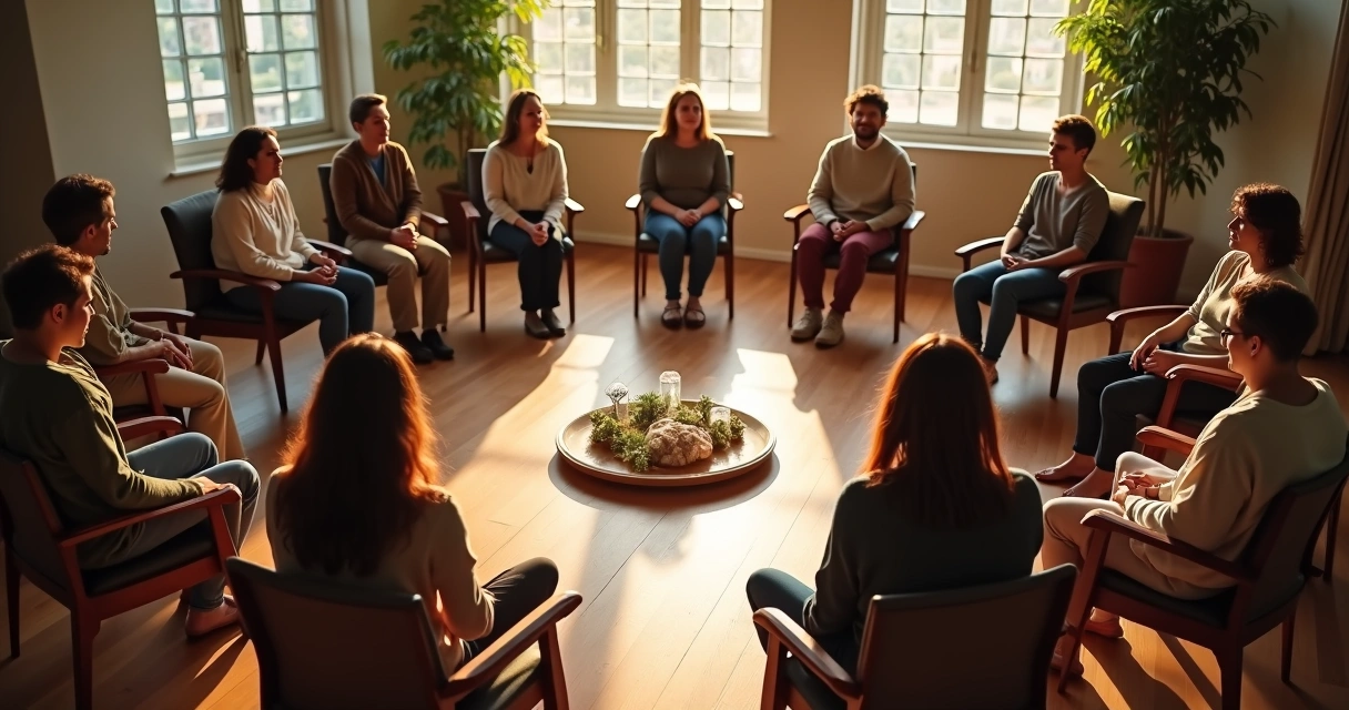 Sessão de constelação familiar em grupo com círculo de pessoas sentadas, ambiente sereno e iluminado 