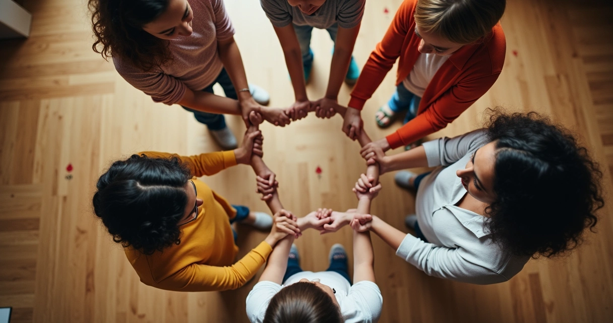 Pessoas formando círculo de mãos dadas, representando sistema familiar 